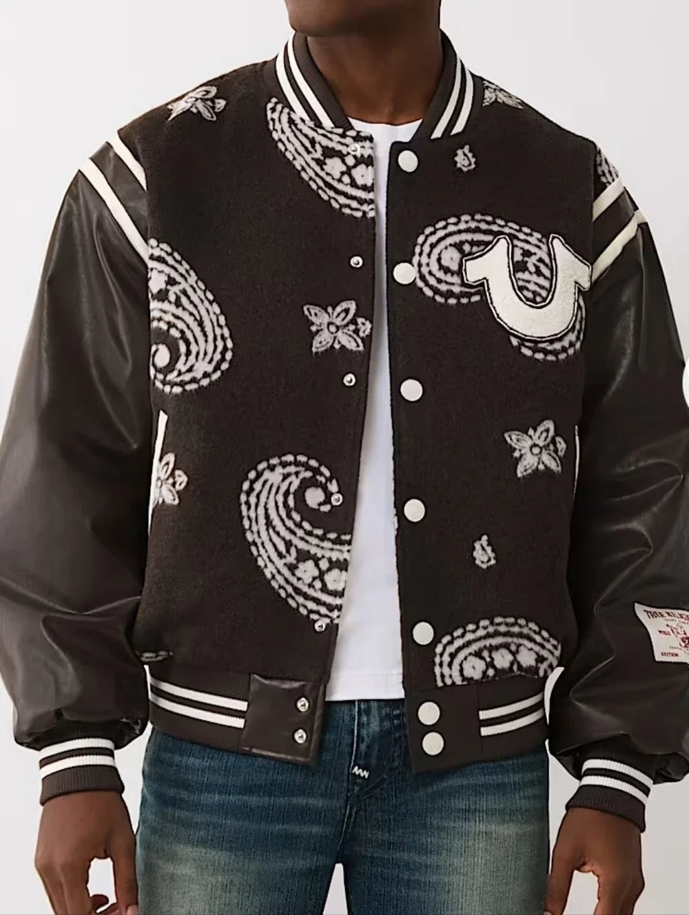 True Religion Wool Retro Varsity Bomber Jacket Dark Brown